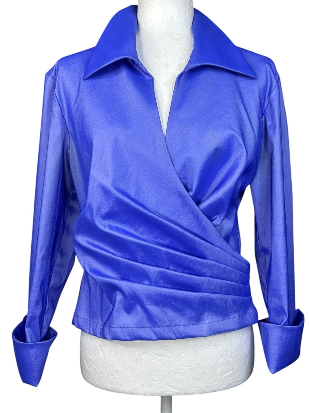 Tadashi Shoji Vintage Taffeta Ruched Faux Wrap Blouse 12 Elegant Evening - Picture 2 of 12